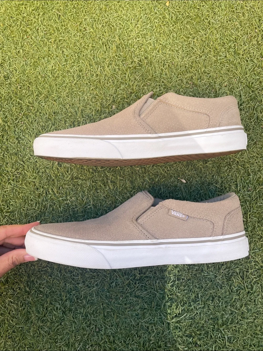 Vans Classic Ortholite Slip-On Loafers in Taupe Suede with White Sole